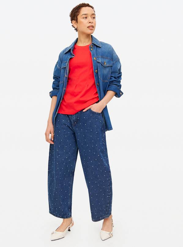 Dark Rinse Denim Embellished Barrel Leg Jeans  16R